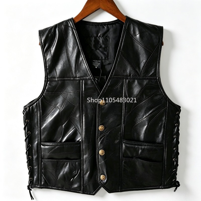 Men's Black Patchwork Leather  - đánh giá và giá Leather Work Vest